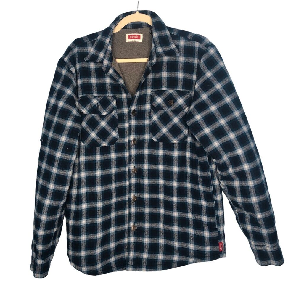 Wrangler Shirt Mens Small Blue Plaid Shacket Jacket Button Up Fleece Lined